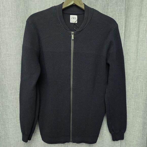 Zara Rib Textured Cardigan Sweater Men's S/M Zip-Up Navy Cotton Blend - Picture 1 of 9